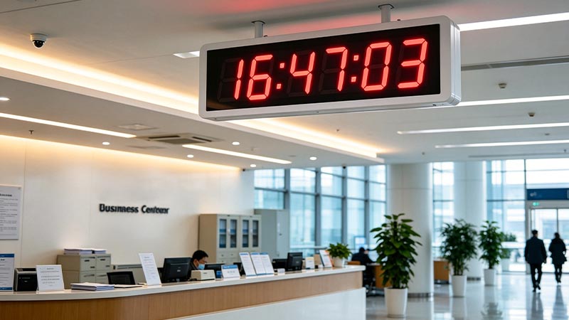 Commercial building clock in a lobby