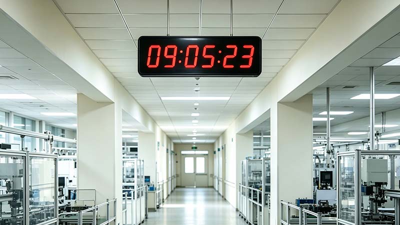 Factory clock system above a production line