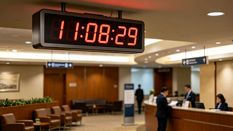 Public building clock at a service counter