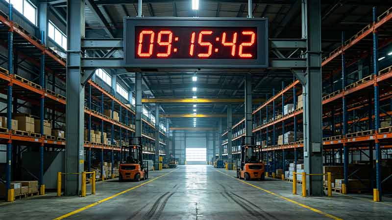 Warehouse clock system above a loading area